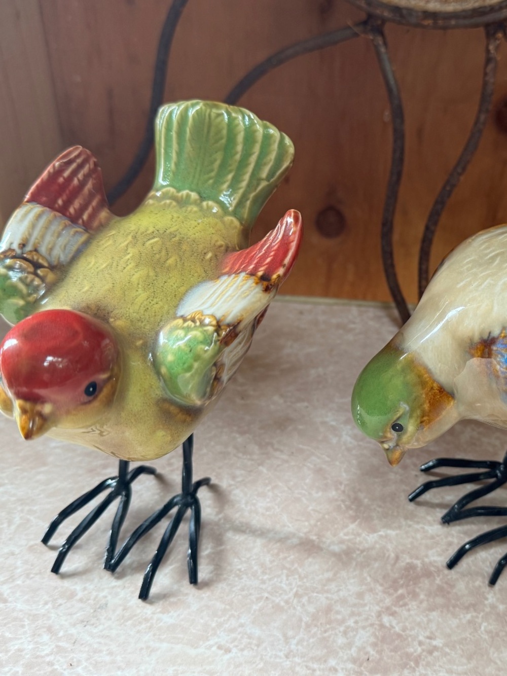 Pair of Vintage Ceramic Porcelain Glazed Metal Feet Bird Figurines Multi-Colored